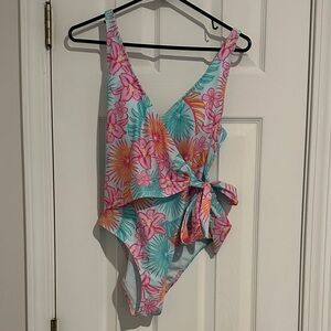 Floral Tie-Waist One-Piece Swimsuit - Pink & Teal